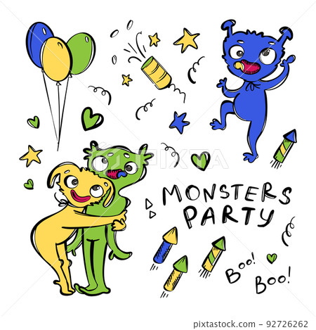 CUTE MONSTER CARTOON SET Huggy Wuggy Girl Hugs Her Friend Birthday Party Hand Drawn Sketch With Outlines Of Funny Aliens Vector Illustration Sticker Collection 92726262