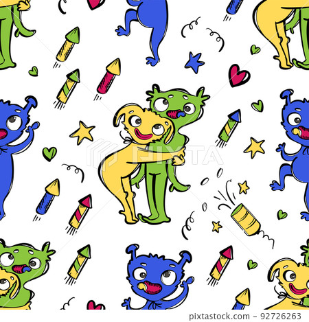 CUTE MONSTER Cartoon Huggy Wuggy Girl Hugs Her Friend Birthday Party Hand Drawn Sketch With Funny Aliens Seamless Pattern Vector Illustration Set For Print 92726263