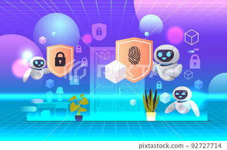 robots holding shields with padlock and fingerprint web data security protection artificial intelligence virtual reality vision robots holding shields with padlock and fingerprint web data security protection artificial intelligence virtual reality vision 92727714