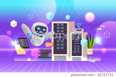 robot working in data center room hosting server computer monitoring information database artificial intelligence robot working in data center room hosting server computer monitoring information database artificial intelligence 92727715