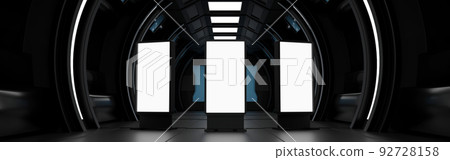 vertical billboard LCD screen stand in spaceship space station Sci Fi, Banner Website, 3D render 92728158