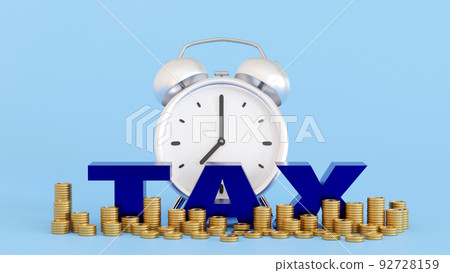 Tax time alarm clock with stack coin, tax concept, 3D rendering. 92728159