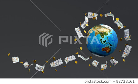 Gold coin and banknote around the globe or earth, world business concept, element by NASA, 3D render 92728161