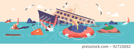 Shipwreck Concept. Shocked People Trying to Survive in Ocean with Sinking Ship and Scatter Floating Debris on Water Shipwreck Concept. Shocked People Trying to Survive in Ocean with Sinking Ship and Scatter Floating Debris on Water 92728882