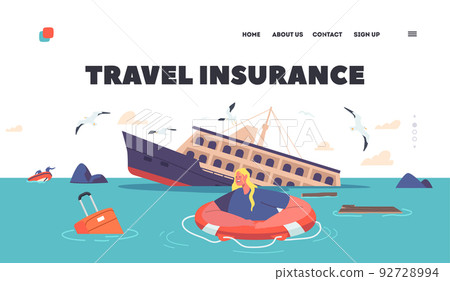 Travel Insurance Landing Page Template. Shocked Woman Swim on Lifebuoy Trying to Survive in Ocean after Shipwreck 92728994