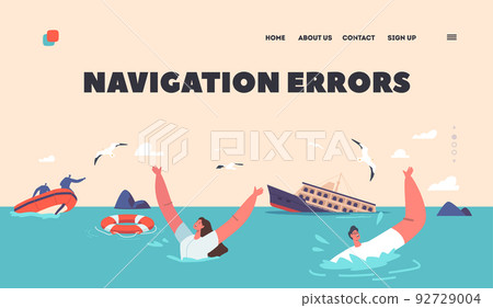 Navigation Errors Landing Page Template. Sea Accident, Shipwreck Catastrophe. Shocked People Waving Hands, Surviving Navigation Errors Landing Page Template. Sea Accident, Shipwreck Catastrophe. Shocked People Waving Hands, Surviving 92729004
