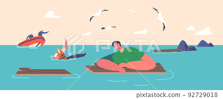 Exhausted People Swimming in Sea after Shipwreck. Man Trying to Survive in Ocean Floating on Wooden Plank 92729018
