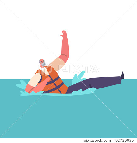 Old Male Character Wear Life Vest Sinking in Sea after Shipwreck. Man Trying to Survive in Ocean Flounder about on Water Old Male Character Wear Life Vest Sinking in Sea after Shipwreck. Man Trying to Survive in Ocean Flounder about on Water 92729050