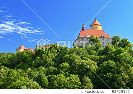 Beautiful old castle Veveri. Landscape with water on the Brno dam during summer holidays on a sunny day. Czech Republic - Brno. Beautiful old castle Veveri. Landscape with water on the Brno dam during summer holidays on a sunny day. Czech Republic - Brno. 92729505