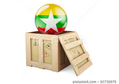 Wooden box, parcel with Myanmar flag. Shipping and delivery in Myanmar, concept. 3D rendering Wooden box, parcel with Myanmar flag. Shipping and delivery in Myanmar, concept. 3D rendering 92730870