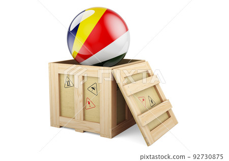 Wooden box, parcel with Seychelloise flag. Shipping and delivery in Seychelles, concept. 3D rendering Wooden box, parcel with Seychelloise flag. Shipping and delivery in Seychelles, concept. 3D rendering 92730875