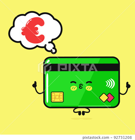 Cute funny credit card doing yoga with speech bubble Euro. Vector hand drawn cartoon kawaii character illustration icon. Isolated on yellow background. Credit card Euro character concept Cute funny credit card doing yoga with speech bubble Euro. Vector hand drawn cartoon kawaii character illustration icon. Isolated on yellow background. Credit card Euro character concept 92731208