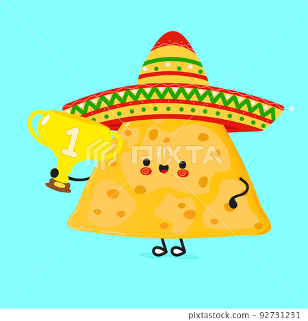 Cute funny nachos hold gold trophy cup. Vector hand drawn cartoon kawaii character illustration icon. Isolated on blue background. Nachos with winner trophy cup 92731231