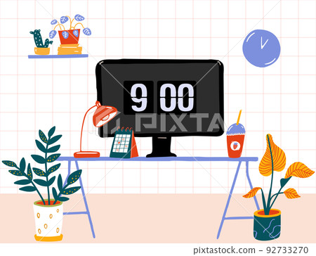Cozy room interior with computer desk, lot of plants, lamp and calendar. Morning at home office cute modern illustration Cozy room interior with computer desk, lot of plants, lamp and calendar. Morning at home office cute modern illustration 92733270