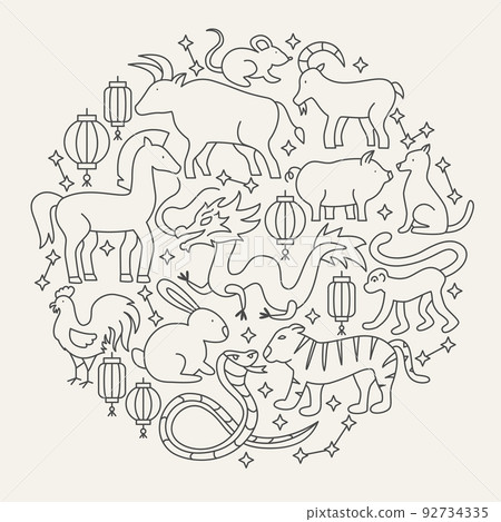 Chinese Zodiac Line Icons Circle 92734335
