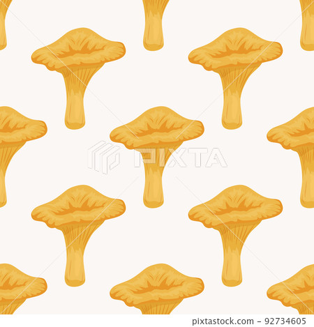Vector Seamless Pattern with Chanterelle Mushroom on White. Seamless Texture, Hand Drawn Cartoon Chanterelle Mushrooms. Design Template for Textile, Wallpaper, Print. Cantharellus Cibarius 92734605