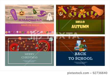 Set of flat vector banners for Christmas, autumn,halloween, school. Cartoon holiday template with festive decorations and food. New Year s card with a Christmas wreath, toys and garlands. Background 92736640