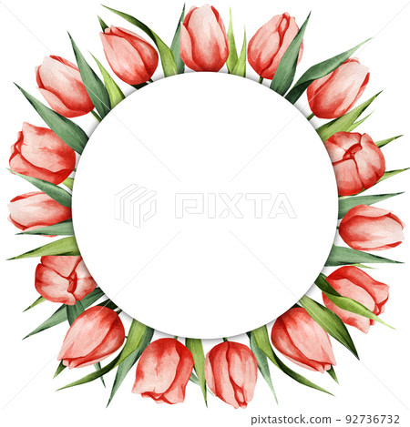 Round frame with red tulips. Watercolor spring background. Great for cards, booklets, brochures, invitations, banners, posters. 92736732