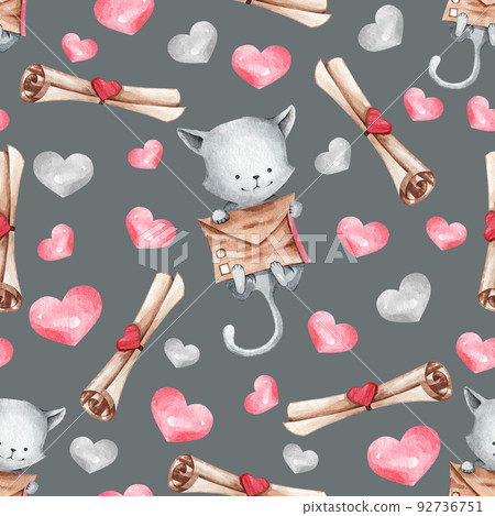 A seamless background with cats on a gray background for decoration, design, decor of various fabrics and paper. Cute Grey Cat 92736751