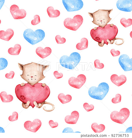 Watercolor pattern with cute cats and hearts. Suitable for day of prints, fabric textiles, paper, gift wrapping, etc. Watercolor pattern with cute cats and hearts. Suitable for day of prints, fabric textiles, paper, gift wrapping, etc. 92736753