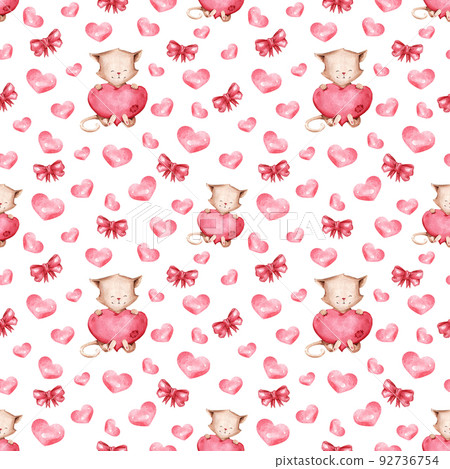 Watercolor pattern with cats and hearts for children's clothes, blankets, sheets, etc. Sweet children's illustration Watercolor pattern with cats and hearts for children's clothes, blankets, sheets, etc. Sweet children's illustration 92736754