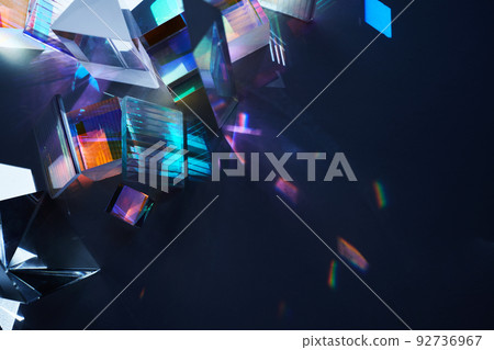 Geometric figures prisms with light diffraction of spectrum colors and reflection with trendy light 92736967