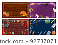 Set of flat vector banners for Christmas, autumn,halloween, school. Cartoon holiday template with festive decorations and food. New Year s card with a Christmas wreath, toys and garlands. Background 92737071