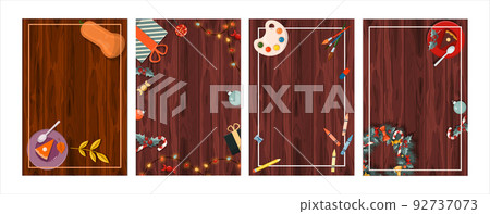 Set of flat vector banners for Christmas, autumn,halloween, school. Cartoon holiday template with festive decorations and food. New Year s card with a Christmas wreath, toys and garlands. Background 92737073