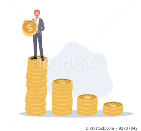 Business growth concept. Businessman stand on the top of stack of growth money coins. Vector illustration 92737842