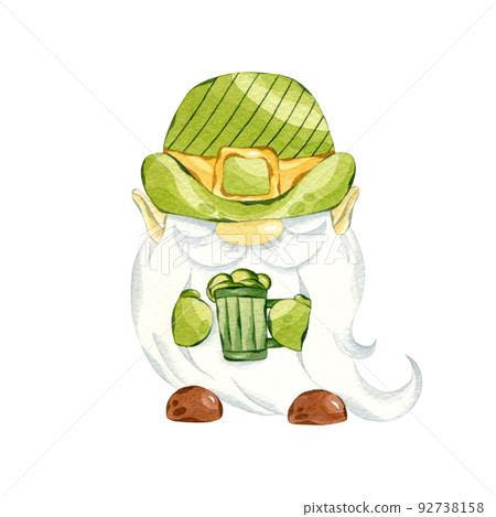 St Patrick's day leprechaun. Watercolor gnome with glass of beer. Hand drawn illustration of leprechaun isolated on white. 92738158