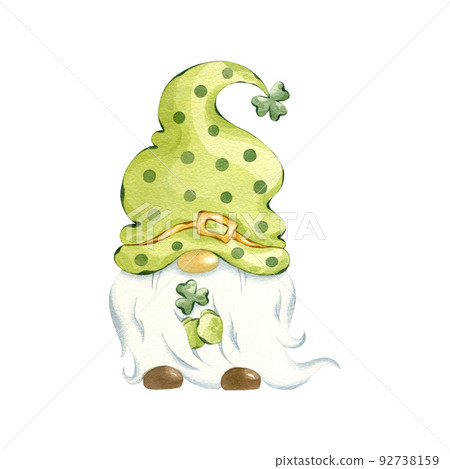 St Patrick's day leprechaun. Watercolor gnome with branch of clover. Hand drawn illustration of leprechaun isolated on white. 92738159