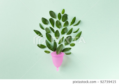 Pink menstrual cup with green leaves top view. Women health, menstrual cup as a zero waste concept. 92739415