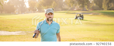 portrait of golfer in cap with golf club. people lifestyle. serious man after game portrait of golfer in cap with golf club. people lifestyle. serious man after game 92740158