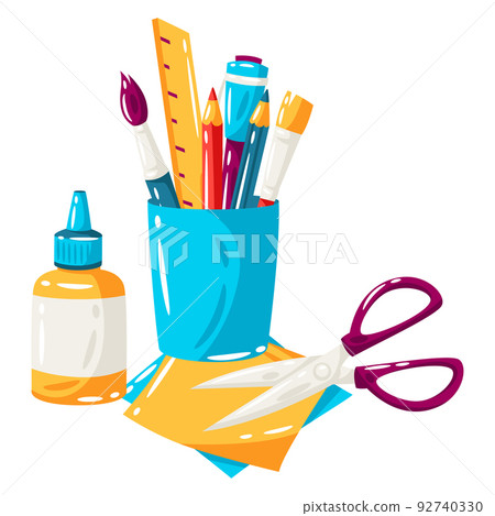 School background with education items. Illustration of supplies and stationery. School background with education items. Illustration of supplies and stationery. 92740330