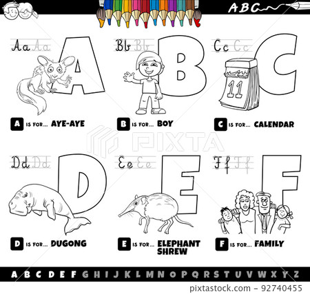 educational cartoon alphabet letters set from A to F color page educational cartoon alphabet letters set from A to F color page 92740455