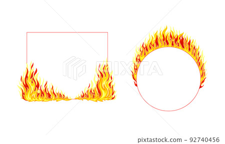 Fire Round and Rectangular Frame with Hot Burning Tongue of Flame and Border Line Vector Set 92740456