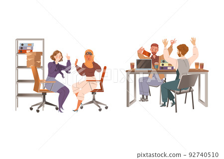 Man and Woman Colleagues in Office Sitting at Desk Taking Selfie with Smartphone and Talking Engaged in Daily Workflow Vector Set Man and Woman Colleagues in Office Sitting at Desk Taking Selfie with Smartphone and Talking Engaged in Daily Workflow Vector Set 92740510