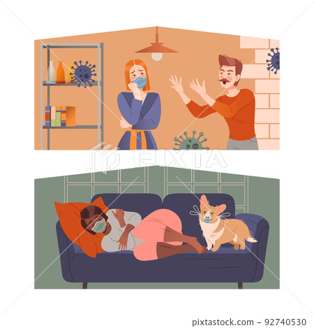 Man and Woman Character Staying at Home with Self Quarantine During Coronavirus Pandemic Vector Set 92740530