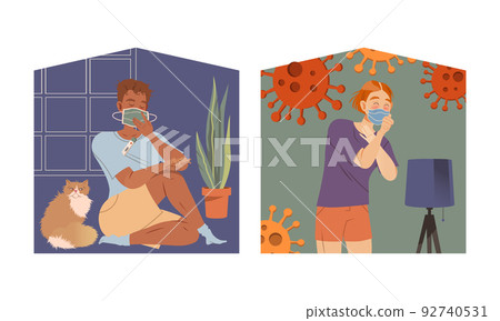 Man Character Staying at Home with Self Quarantine During Coronavirus Pandemic Coughing and Measuring Temperature Vector Set 92740531