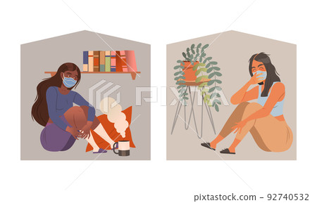 Woman Character Staying at Home with Self Quarantine During Coronavirus Pandemic Vector Set 92740532