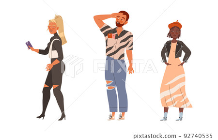 Young Man and Woman in Casual Wear Waiting or Standing in Queue or in Line for Nightclub Vector Set 92740535