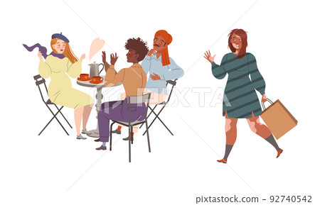 People Characters Sitting at Table in Street Cafe or Restaurant Talking and Drinking Coffee Vector Set 92740542