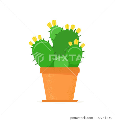 Flowered cactus in a flat style. Blossomed house succulent in pot. Vector illustration 92741230