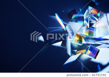 Geometric figures prisms with light diffraction of spectrum colors and reflection with trendy light 92741592