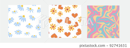 Set of retro 1970s seamless pattern. Floral, swirl, mushrooms, peace symbol, camomile, smile. 92741631