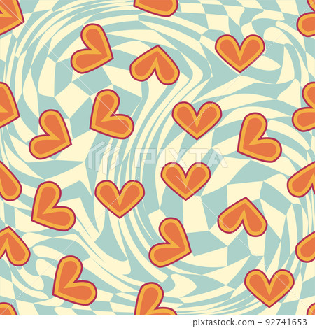 Love heart, daisies, waves of positivity retro 70s seamless pattern. Yellow, orange, red scattered heart shapes on a swirling background 92741653