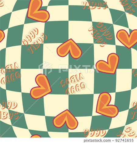 Love heart, daisies, waves of positivity retro 70s seamless pattern. Yellow, orange, red scattered heart shapes on a swirling background 92741655