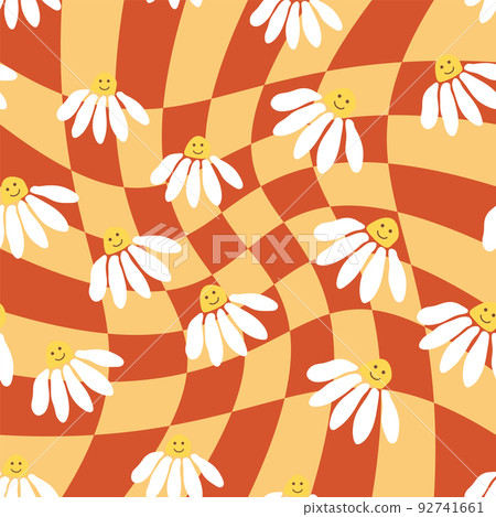 Retro Smile Chamomile Seamless Pattern on 1970 Wavy Swirl Seamless Pattern. Hippie Aesthetic. Retro Smile Chamomile Seamless Pattern on 1970 Wavy Swirl Seamless Pattern. Hippie Aesthetic. 92741661