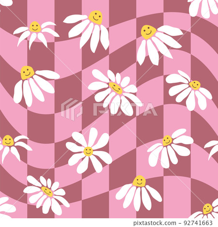 Retro Smile Chamomile Seamless Pattern on 1970 Wavy Swirl Seamless Pattern. Hippie Aesthetic. Retro Smile Chamomile Seamless Pattern on 1970 Wavy Swirl Seamless Pattern. Hippie Aesthetic. 92741663