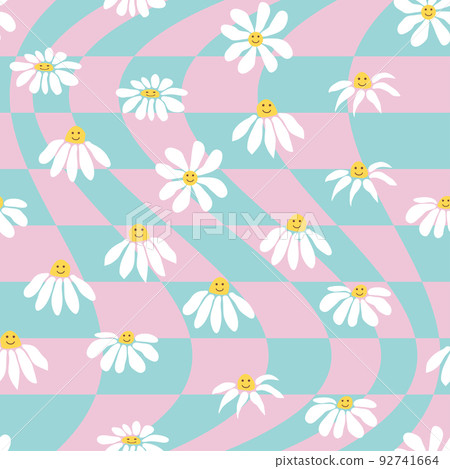 Retro Smile Chamomile Seamless Pattern on 1970 Wavy Swirl Seamless Pattern. Hippie Aesthetic. Retro Smile Chamomile Seamless Pattern on 1970 Wavy Swirl Seamless Pattern. Hippie Aesthetic. 92741664
